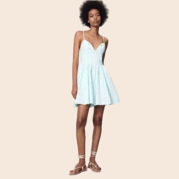 Zara Turqoise Mini Gingham Dress Size Large - Picture 1 of 14
